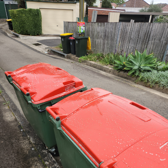 A row of recently cleaned red trash cans with lids, displayed after strata maintenance in Sydney.