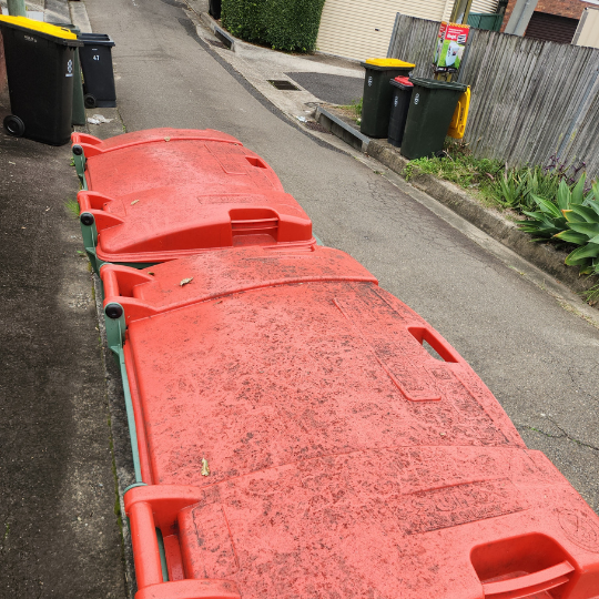 A line of empty, closed red rubbish bins, recently cleaned, showcased after strata maintenance in Sydney.